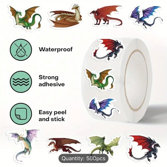 🍀 500 Roll of Flying Dragon (10 different designs) Sticker Labels - Picture 2 of 4